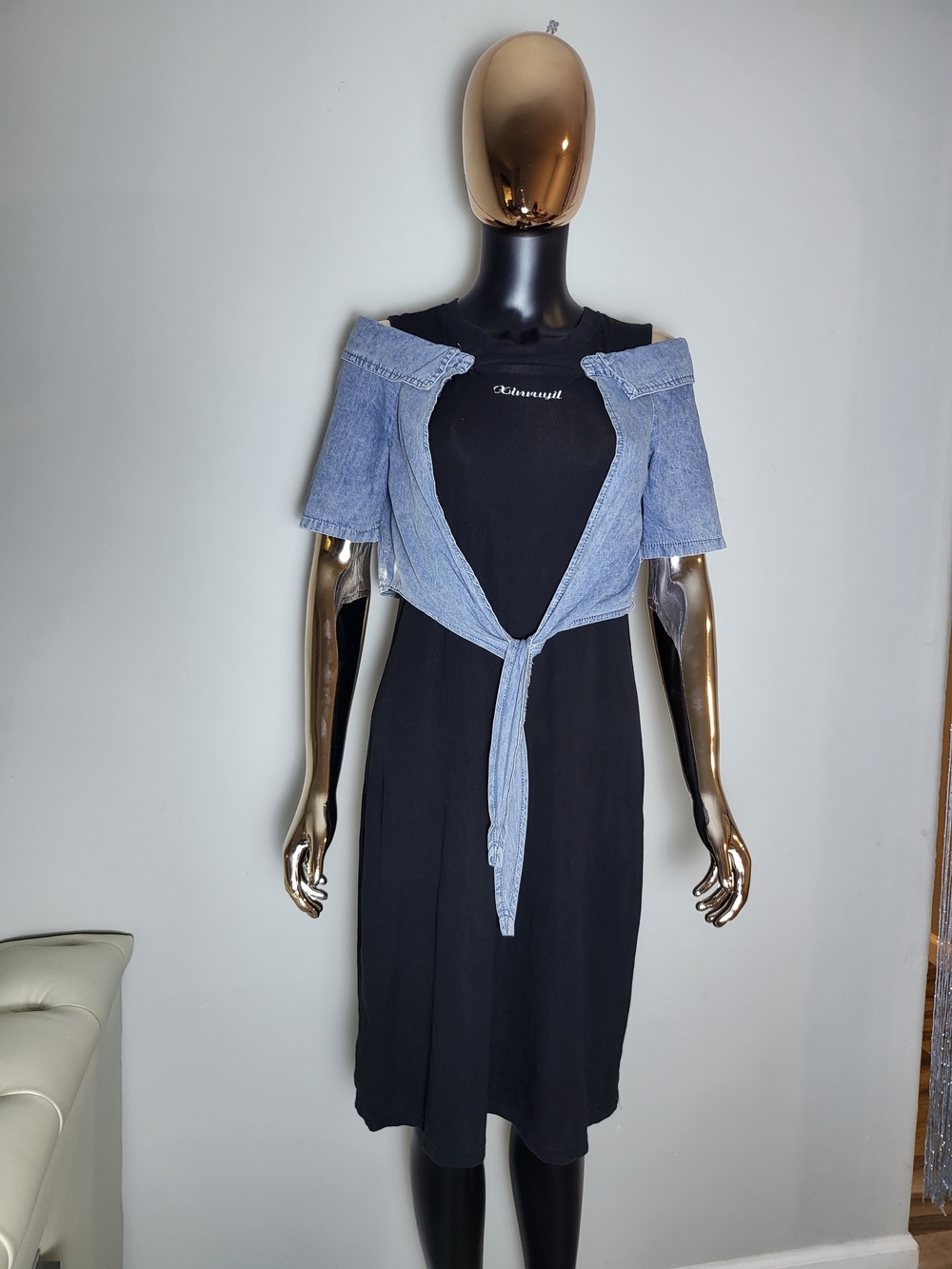Black T-Shirt Dress with Light Blue Denim Tie Detail